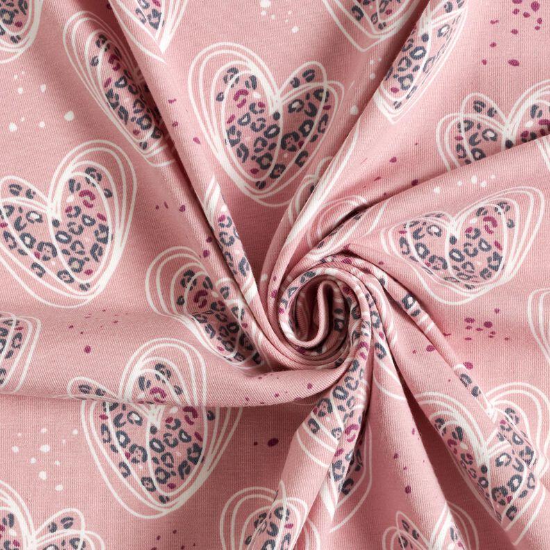 Dżersej bawełniany panterkowe serca – jasny brudny róż,  image number 3