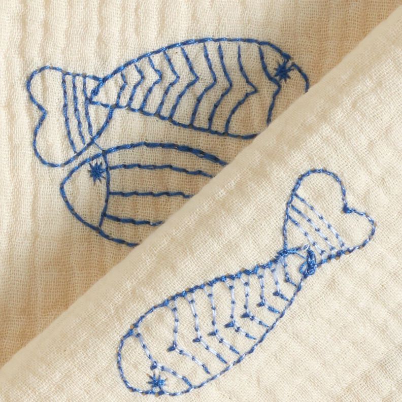 Muślin / Tkanina double crinkle haftowane ryby | Poppy Fabrics – mleczna biel/błękit królewski,  image number 4