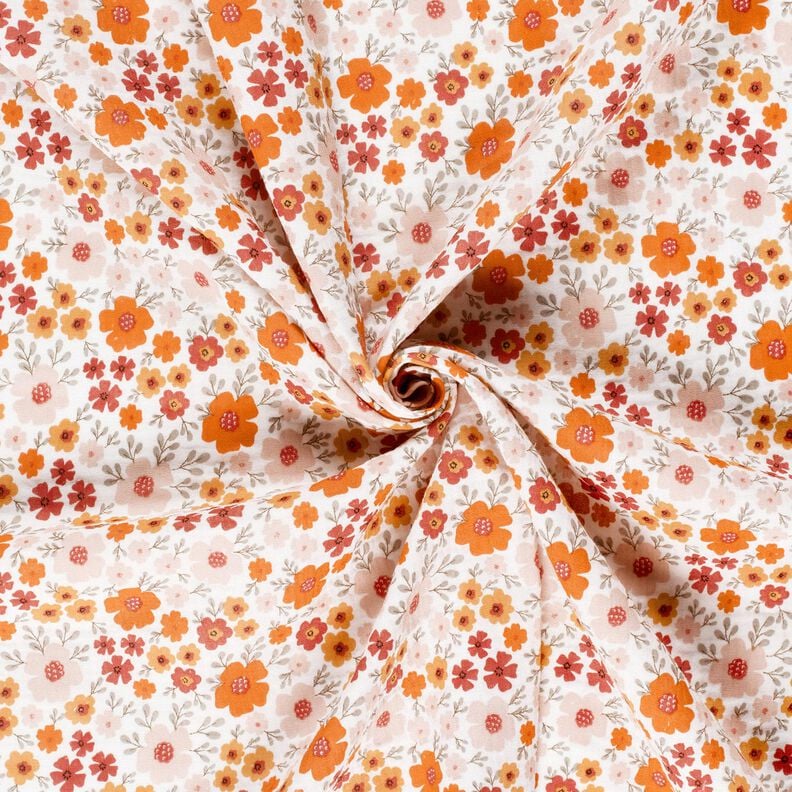 Muślin / Tkanina double crinkle ukwiecona łąka &ndash; kość słoniowa/brzoskwiniowopomarańczowy,  image number 3