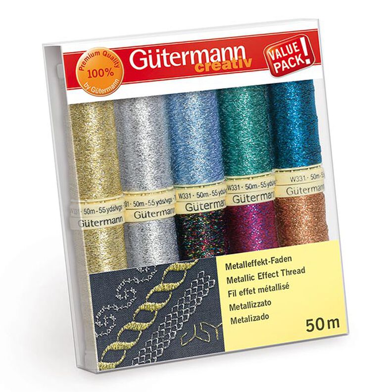 Zestaw nici do szycia z efektem metalicznym [ 50m | 10 sztuk ] | Gütermann creativ – mix kolorów,  image number 1