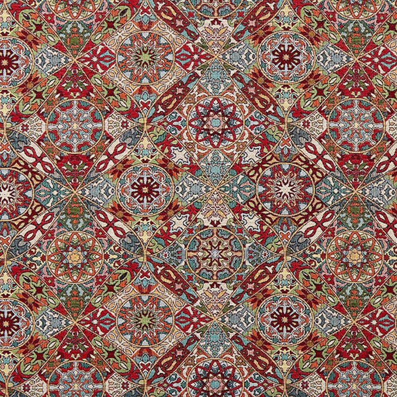 Tkanin dekoracyjna Gobelin misterne ornamenty – jasnobeżowy/czerwień karminowa,  image number 1
