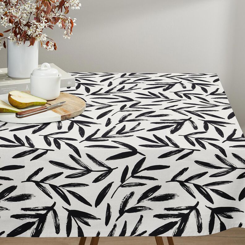 Tkanin dekoracyjna Half panama minimalistyczne liście – czerń/kość słoniowa, image number 7