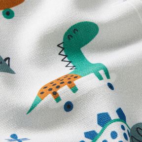 Tkanin dekoracyjna Half panama dinozaury skaterzy – srebrnoszary/mięta pieprzowa, 