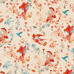 Tkanina wiskozowa LENZING™ ECOVERO™ w ptaki i wróżki | Katia Fabrics – krem/ognista czerwień, 
