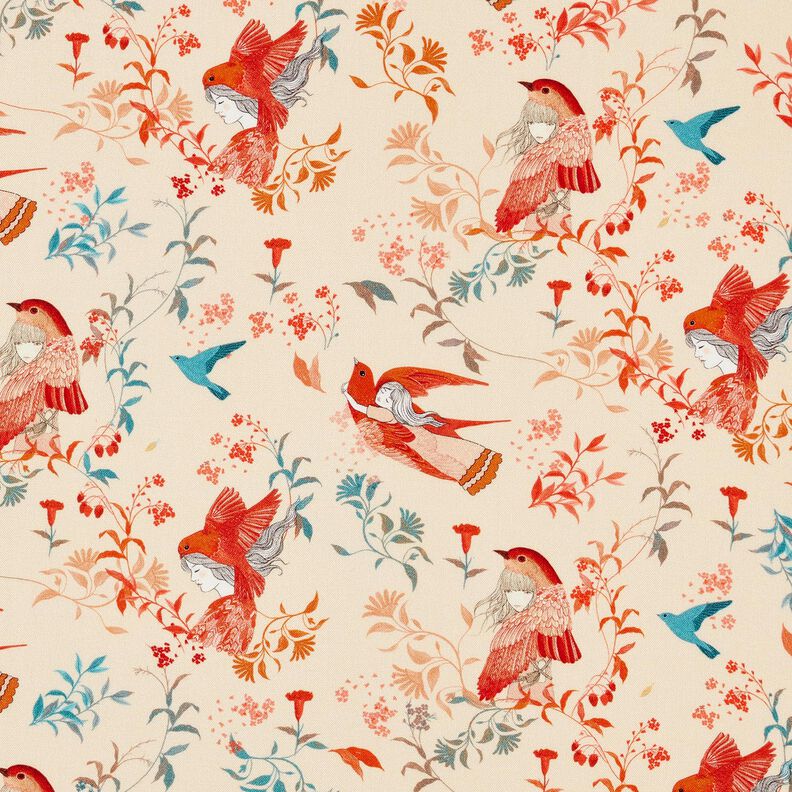 Tkanina wiskozowa LENZING™ ECOVERO™ w ptaki i wróżki | Katia Fabrics – krem/ognista czerwień, image number 1
