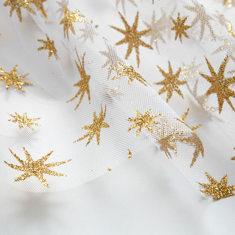 tiul w brokatowe gwiazdki – biel/złoto,  image number 5