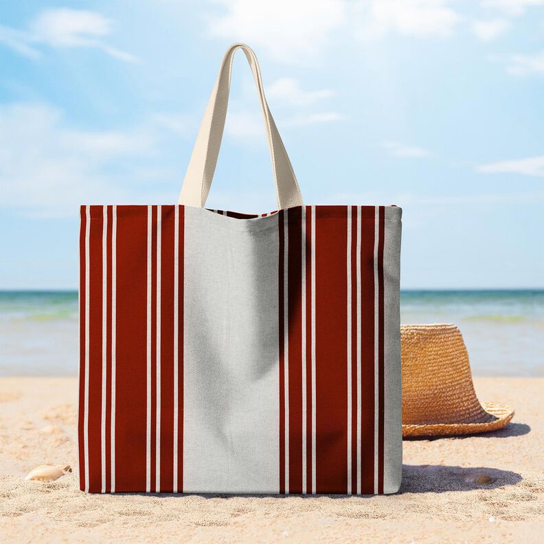 Tkanin dekoracyjna Panama Szerokie pasy – czerwień karminowa/mglisty szary,  image number 8