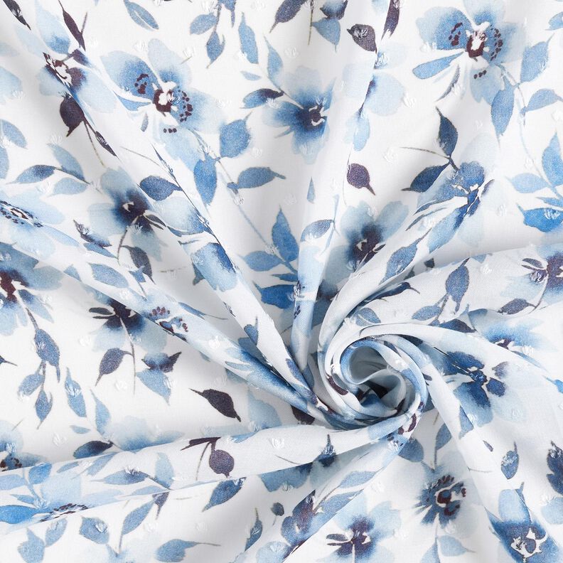 Tkanina wiskozowa dobby z nadrukiem cyfrowym w akwarelowe kwiaty – kość słoniowa/jasnoniebieski,  image number 3