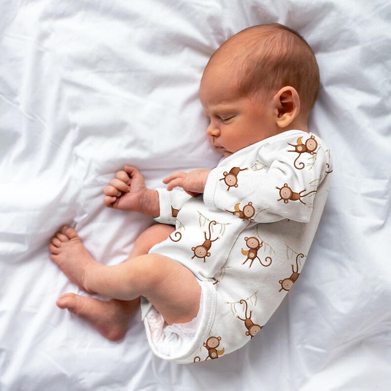 GOTS Dżersej bawełniany Małpki w dżungli nadruk cyfrowy | Poppy Fabrics – biel/ciemny brąz,  image number 4