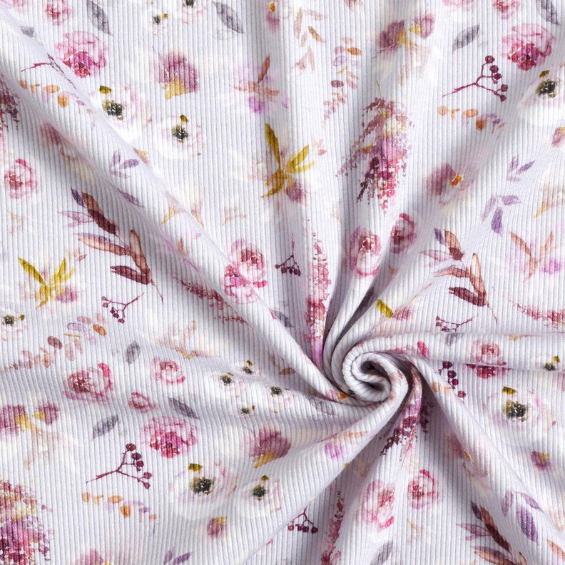 Dżersej prążkowany subtelne kwiaty polne nadruk cyfrowy – pastelowy beż/czerwona lilia,  image number 3