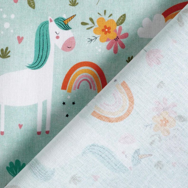 Popelina bawełniana jednorożec w tęczowym świecie nadruk cyfrowy – lodowy niebieski,  image number 4