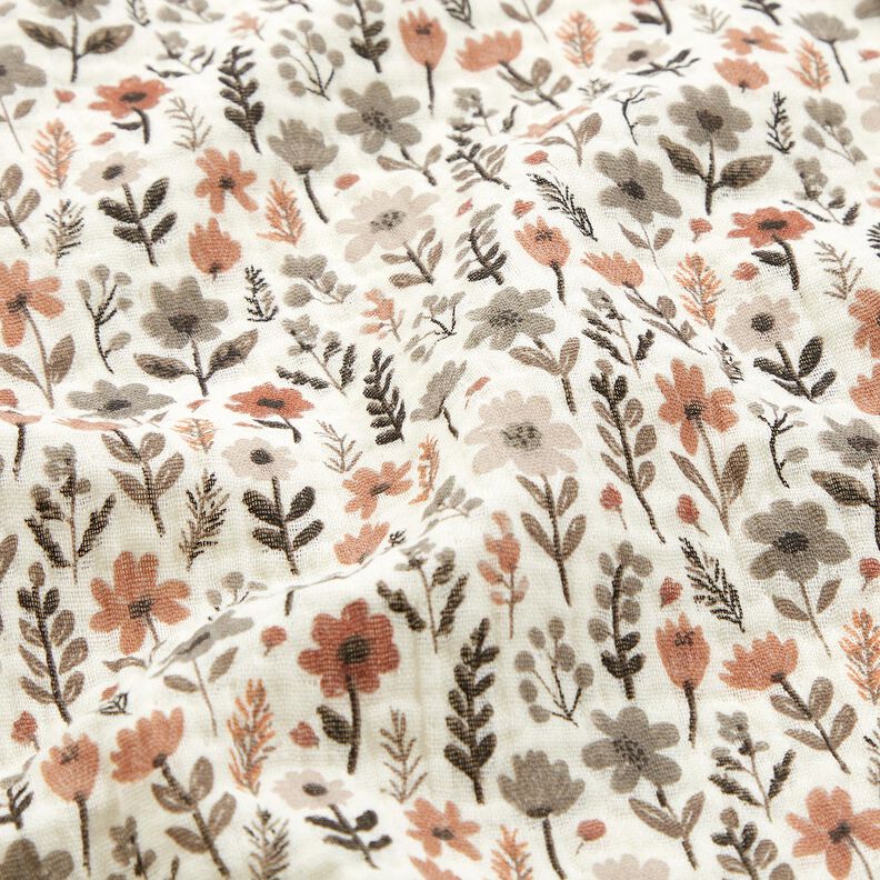 Muślin / Tkanina double crinkle jesienne kwiaty – mleczna biel,  image number 2