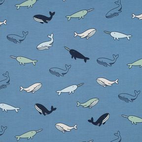 Dżersej bawełniany urocze wieloryby | Poppy Fabrics – szary błękit/granat, 