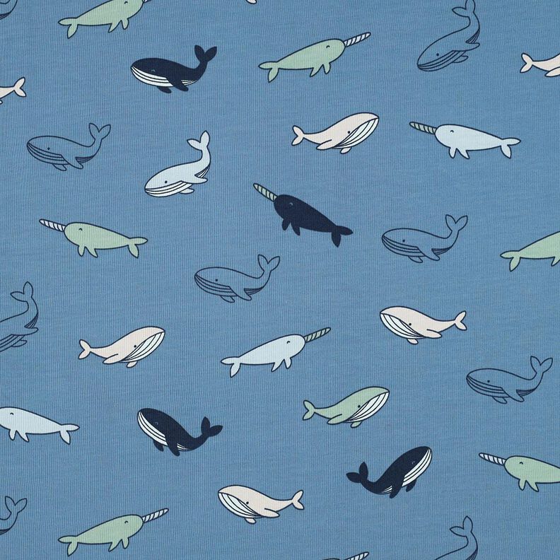 Dżersej bawełniany urocze wieloryby | Poppy Fabrics – szary błękit/granat,  image number 1