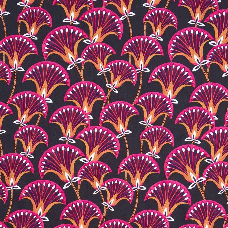 Tkanin dekoracyjna Płótno kwiatowe wachlarze – czerń/pink, image number 1