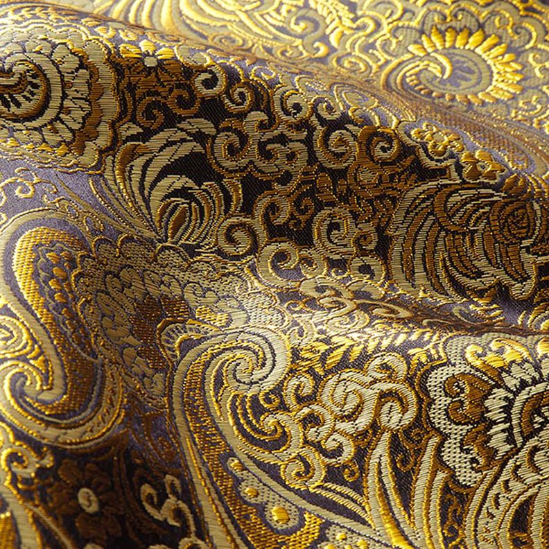 Żakard odzieżowy metaliczny wzór Paisley – złoto/czerń,  image number 2