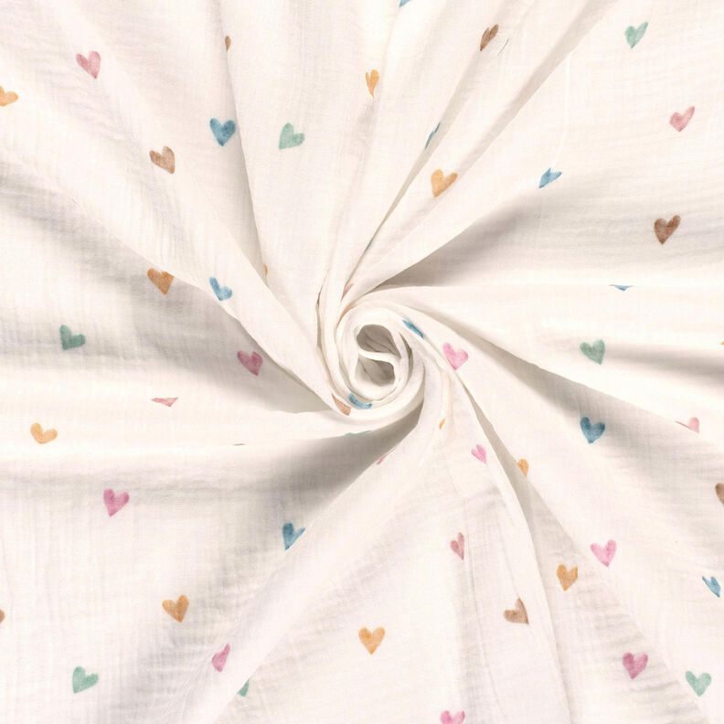 Muślin / Tkanina double crinkle kolorowe serca nadruk cyfrowy – biel,  image number 3
