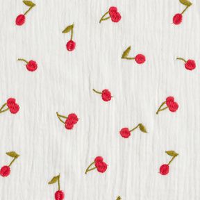 Muślin / Tkanina double crinkle haftowane wiśnie | Poppy Fabrics – biel/ognista czerwień, 