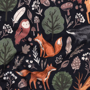 Dzianina dresowa drapana zwierzęta w lesie nadruk cyfrowy | Poppy Fabrics – ciemnogranatowy, 