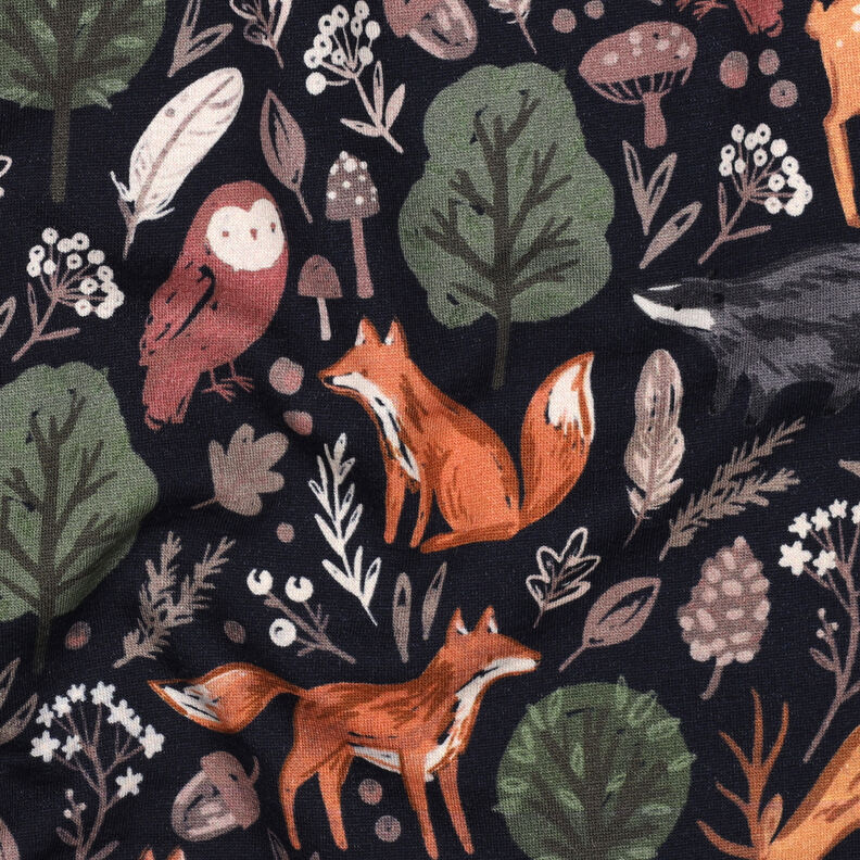 Dzianina dresowa drapana zwierzęta w lesie nadruk cyfrowy | Poppy Fabrics – ciemnogranatowy, image number 2