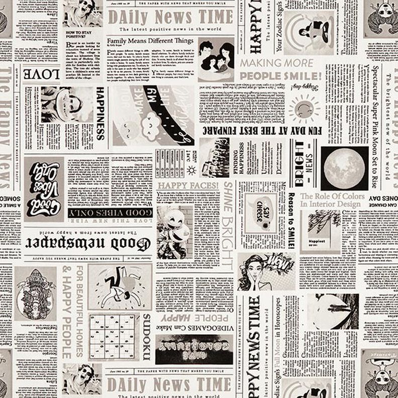 Tkanin dekoracyjna Half panama gazeta retro – biel/czerń,  image number 1