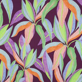 Satyna bawełniana nadruk cyfrowy w liście | Poppy Fabrics – bakłażan/jasna zieleń, 