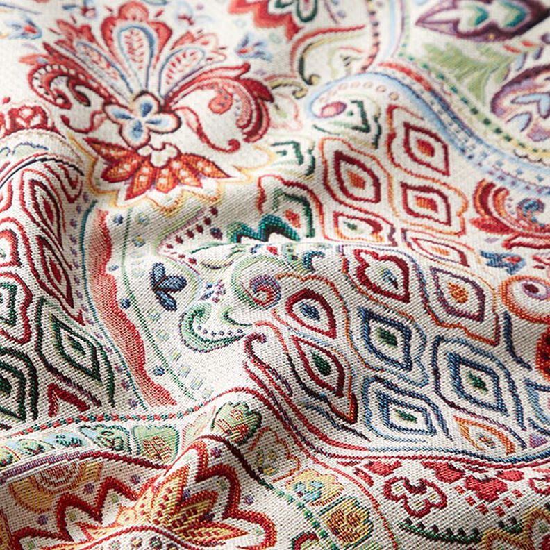 Tkanina dekoracyjna gobelin kolorowy wzór paisley – mleczna biel,  image number 2