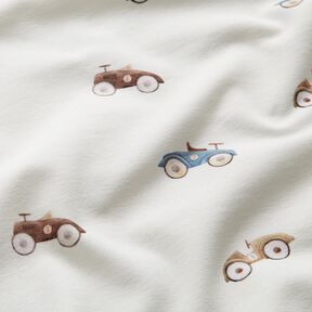 GOTS Dżersej bawełniany samochodziki retro nadruk cyfrowy – kość słoniowa, 