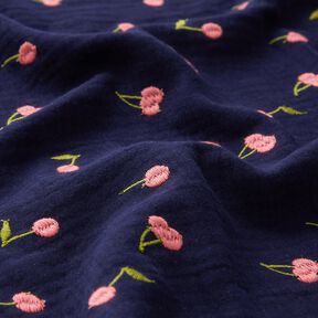 Muślin / Tkanina double crinkle haftowane wiśnie | Poppy Fabrics – ciemnogranatowy/róż, 