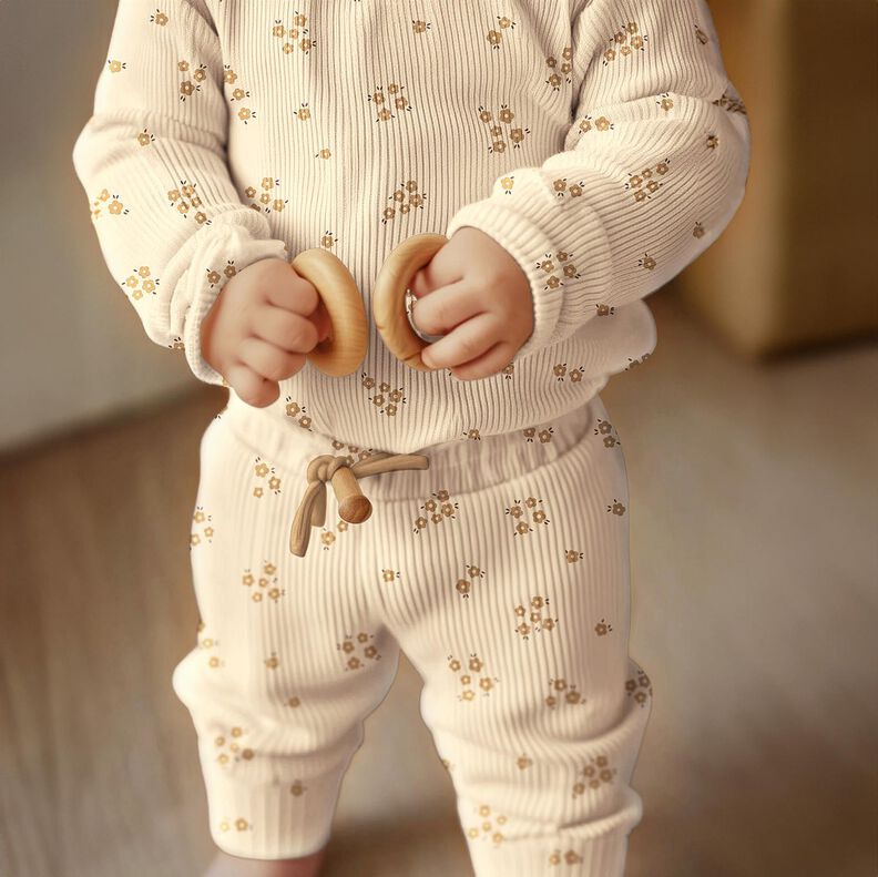 GOTS Dżersej prążkowany drobne kwiatuszki | Poppy Fabrics &ndash; krem/brąz sarni,  image number 7