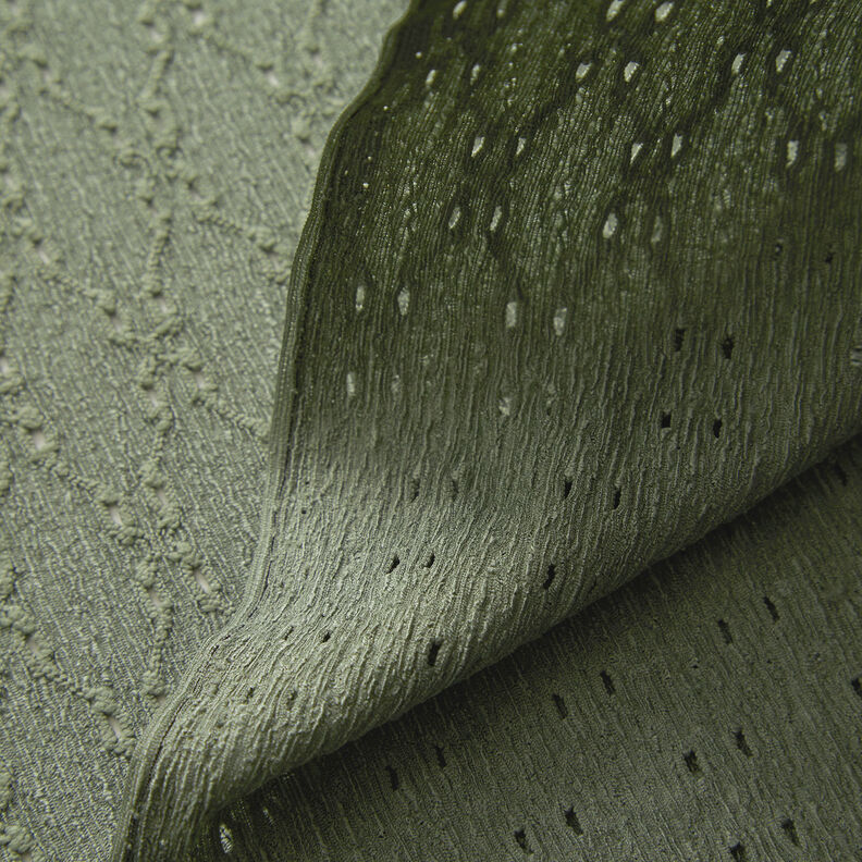 Dżersej marszczony z haftem dzierganym – zieleń trzcinowa,  image number 3