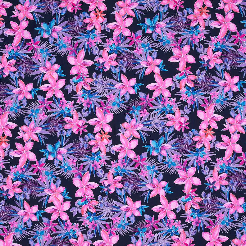 Materiał na kostiumy kąpielowe kwiaty tropikalne – granat/pink,  image number 1