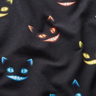 Dzianina dresowa pętelkowa French Terry uśmiechnięty kot nadruk cyfrowy – czerń/mix kolorów, 