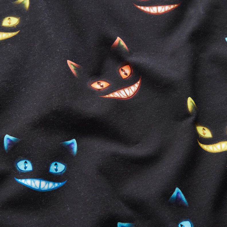 Dzianina dresowa pętelkowa French Terry uśmiechnięty kot nadruk cyfrowy – czerń/mix kolorów,  image number 2