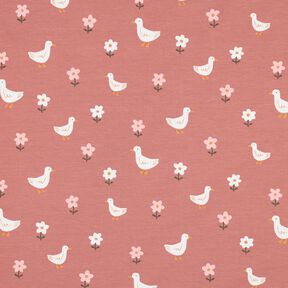 Dżersej bawełniany gęsi na łące kwiatowej | Poppy Fabrics – ciemny brudny róż/biel, 