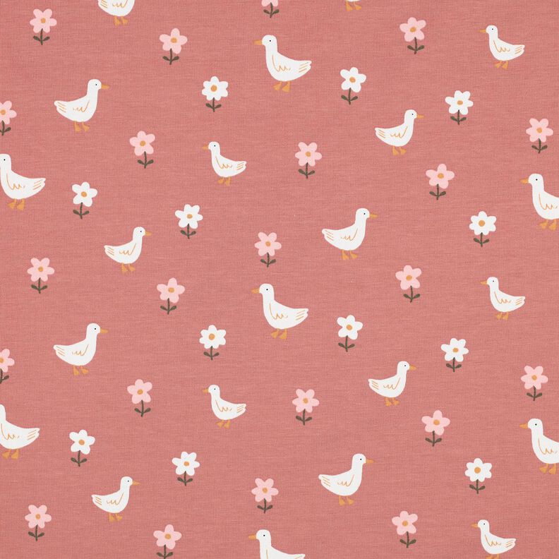 Dżersej bawełniany gęsi na łące kwiatowej | Poppy Fabrics – ciemny brudny róż/biel, image number 1