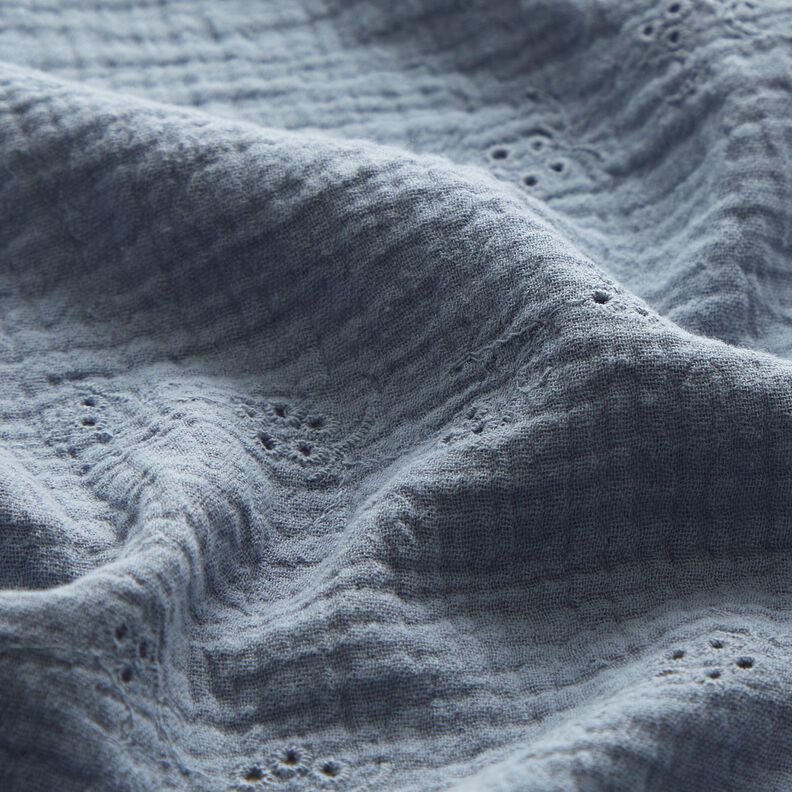 Muślin / Tkanina double crinkle Haft angielski motywy kwiatowe – szary błękit,  image number 2