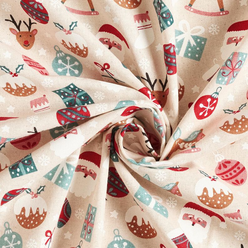 Tkanin dekoracyjna Płótno urocze motywy świąteczne – naturalny/eukaliptusowy,  image number 3