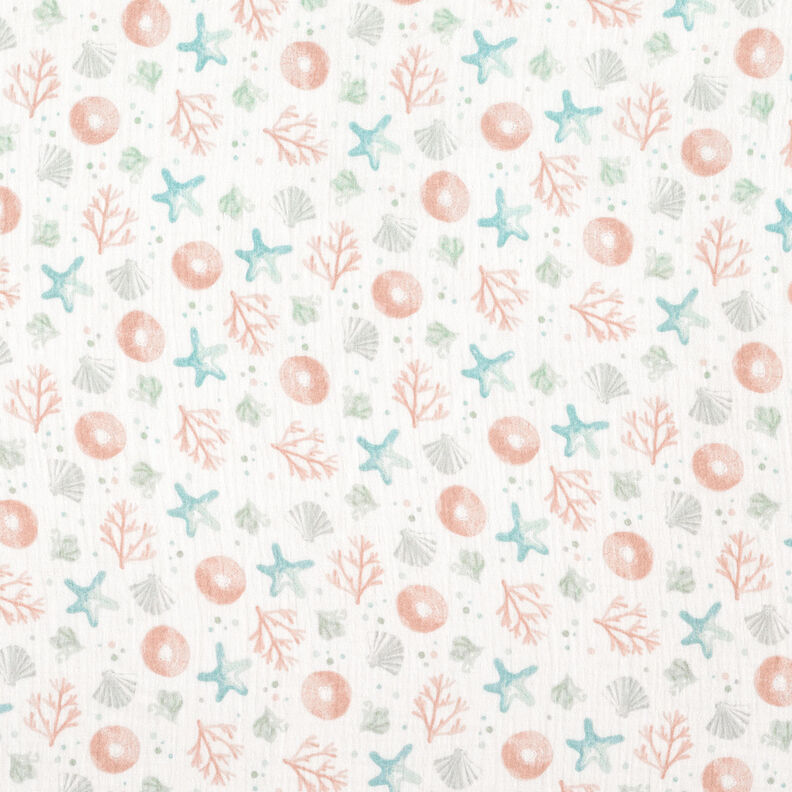 Muślin / Tkanina double crinkle rozgwiazdy, muszelki i glony nadruk cyfrowy – mleczna biel,  image number 1