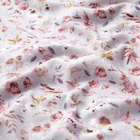 Dżersej prążkowany subtelne kwiaty polne nadruk cyfrowy – pastelowy beż/czerwona lilia, 