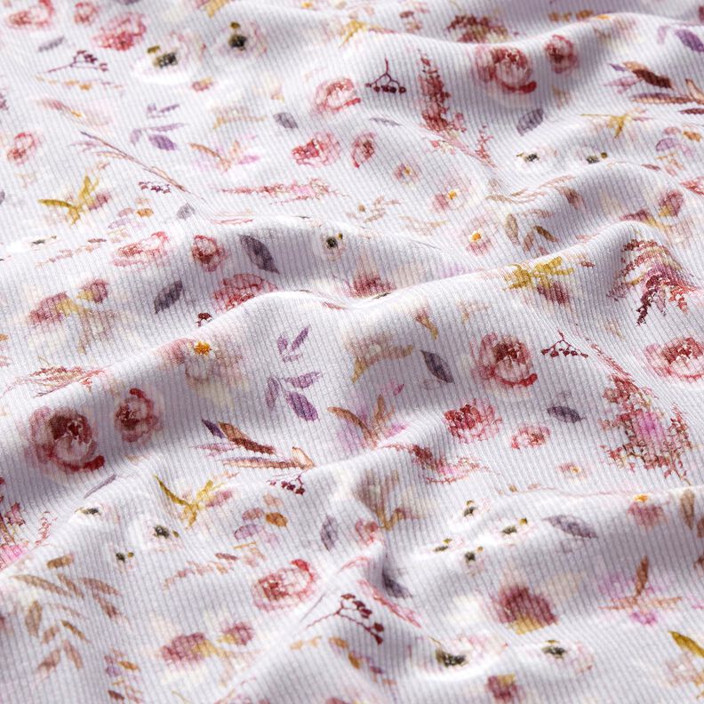 Dżersej prążkowany subtelne kwiaty polne nadruk cyfrowy – pastelowy beż/czerwona lilia,  image number 2