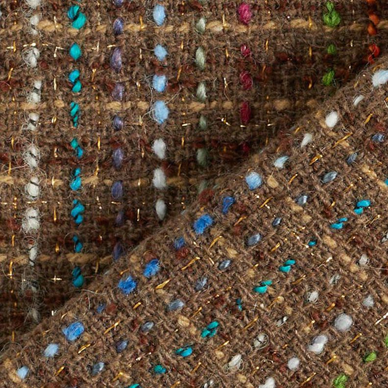 Bouclé mieszanka z żywą wełną kolorowe paski i lureks – średni brąz,  image number 6