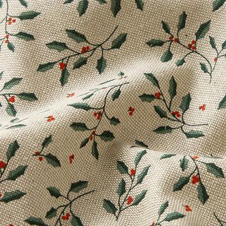 Tkanin dekoracyjna Half panama świąteczne gałązki – naturalny/zielony jodłowy, 