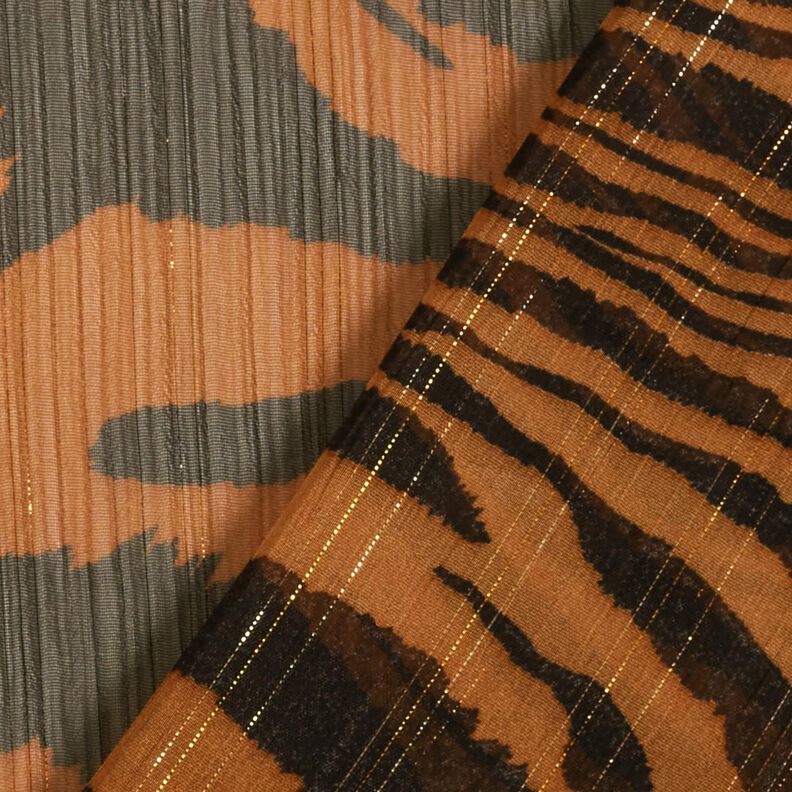 Szyfon w brokatowe prążki z nadrukiem tygrysa – czerń/miedź,  image number 4