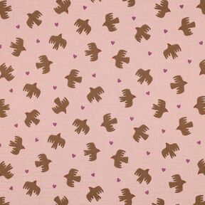 GOTS Muślin / Tkanina double crinkle ptaki i serca | Poppy Fabrics – stary róż, 