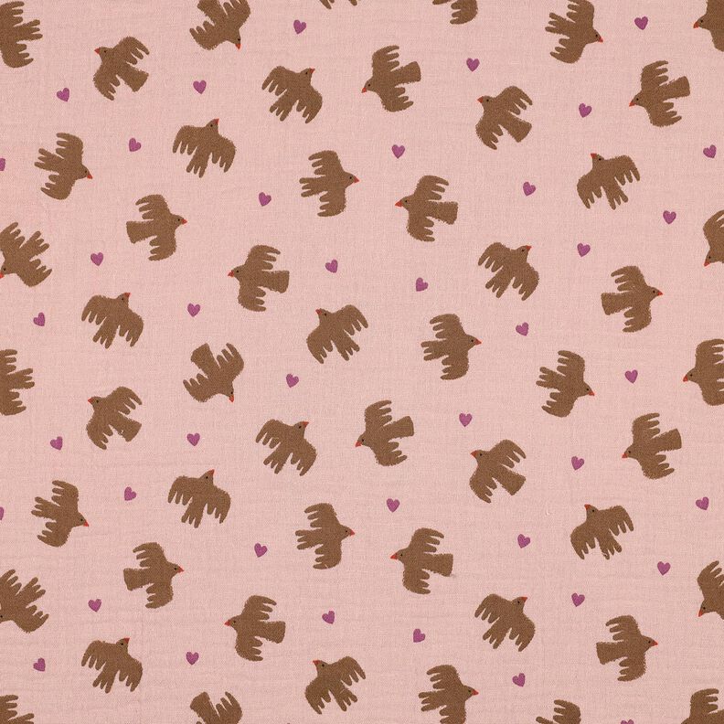 GOTS Muślin / Tkanina double crinkle ptaki i serca | Poppy Fabrics – stary róż, image number 1