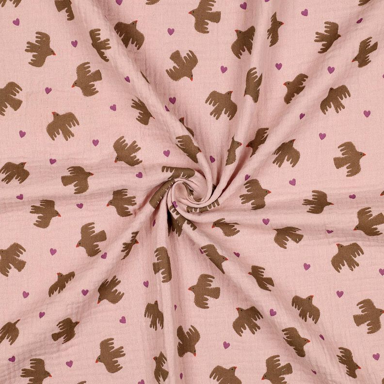 GOTS Muślin / Tkanina double crinkle ptaki i serca | Poppy Fabrics – stary róż, image number 4