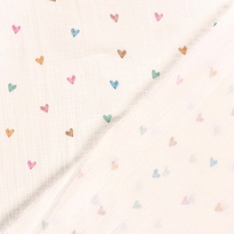 Muślin / Tkanina double crinkle kolorowe serca nadruk cyfrowy – biel,  image number 4