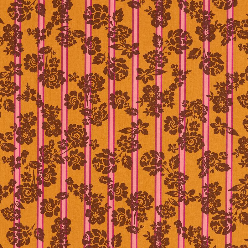 Tkanina bawełniana Kreton kwiaty na paskach – żółty curry/purpura, image number 1