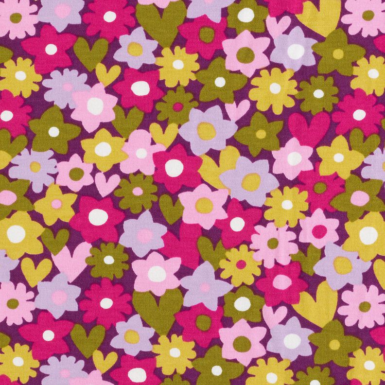 Dżersej bawełniany kolorowe kwiaty | Poppy Fabrics – winogronowy,  image number 1